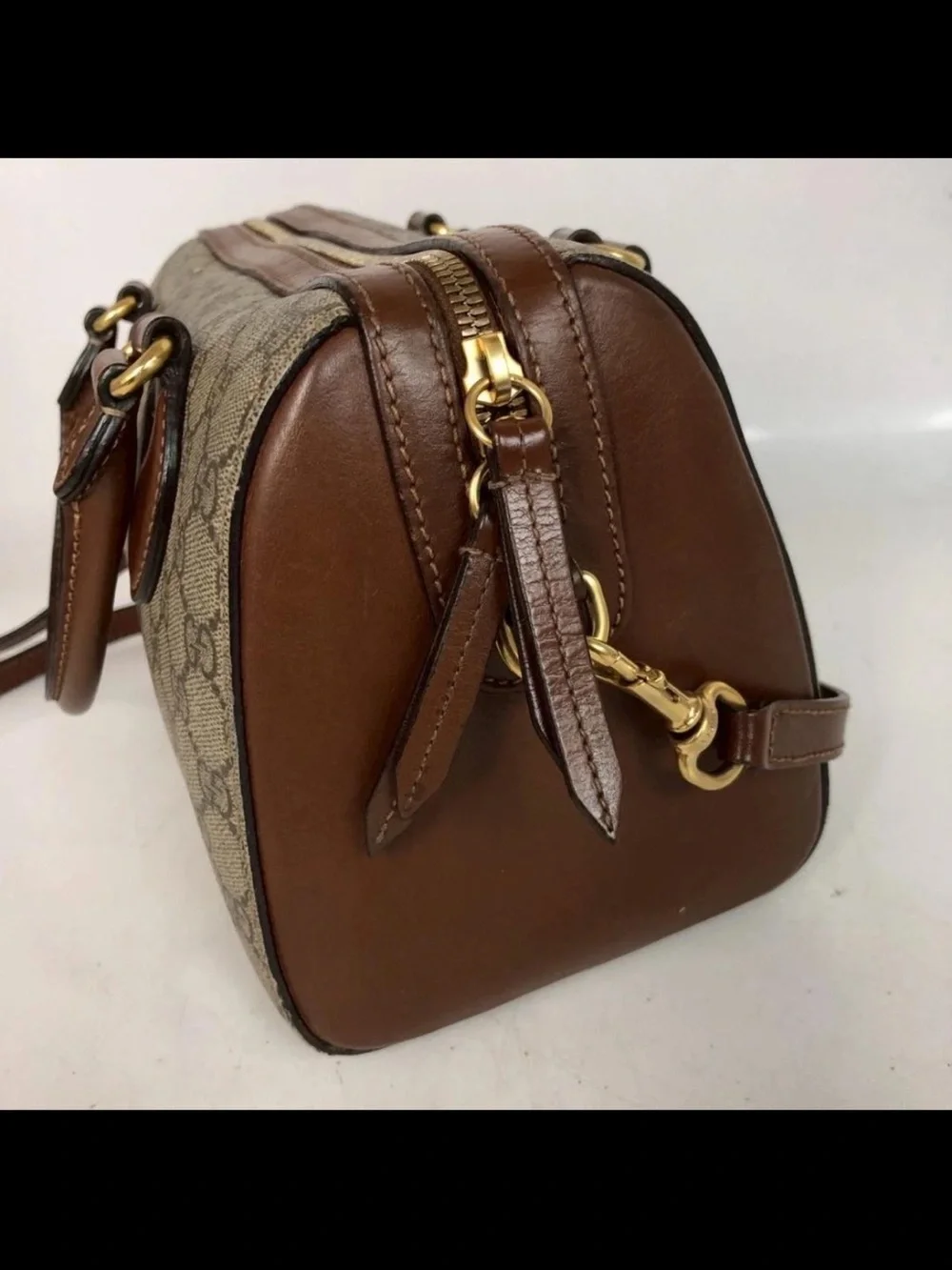 Gucci Beige GG Canvas Satchel with Brown Leather Trim